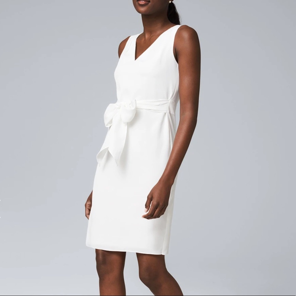 White Crepe Belted Sheath Dress WHBM